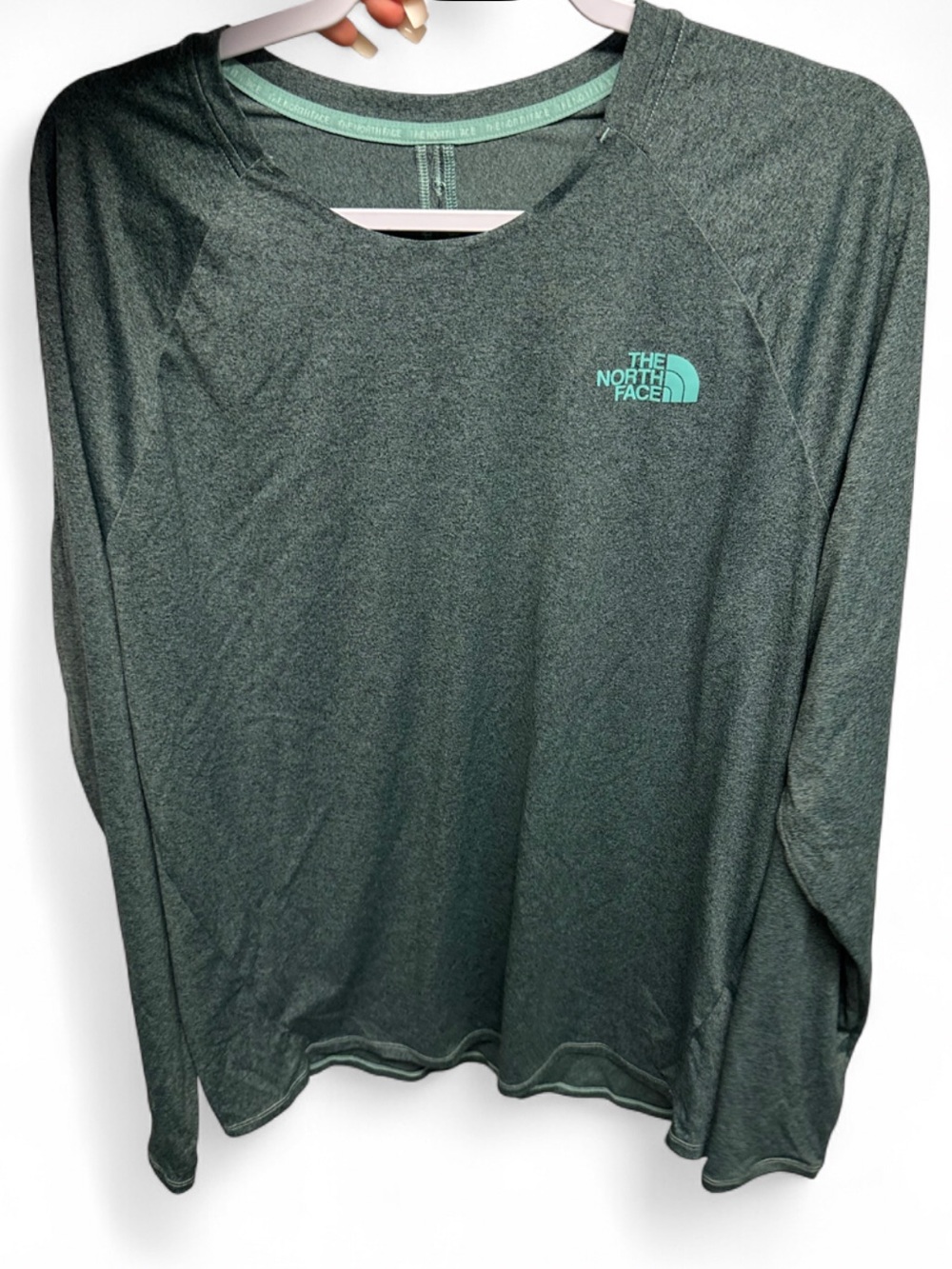 The North Face Heathered Dark Green Long Sleeve Performance Shirt with Aqua Logo